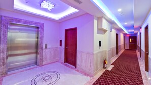 A hotel corridor with a red carpet, a closed elevator, and a fire extinguisher on the wall.