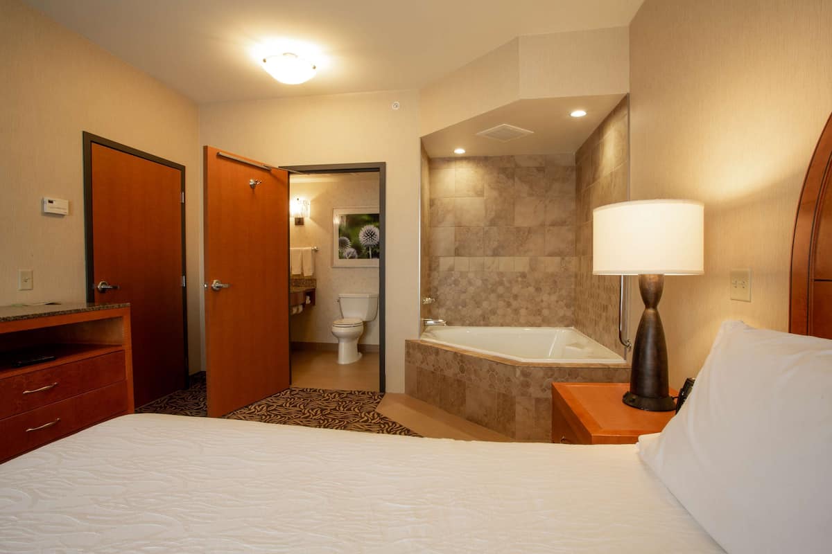 A hotel room with a bed, a bathroom with a bathtub, a toilet, and a shower.