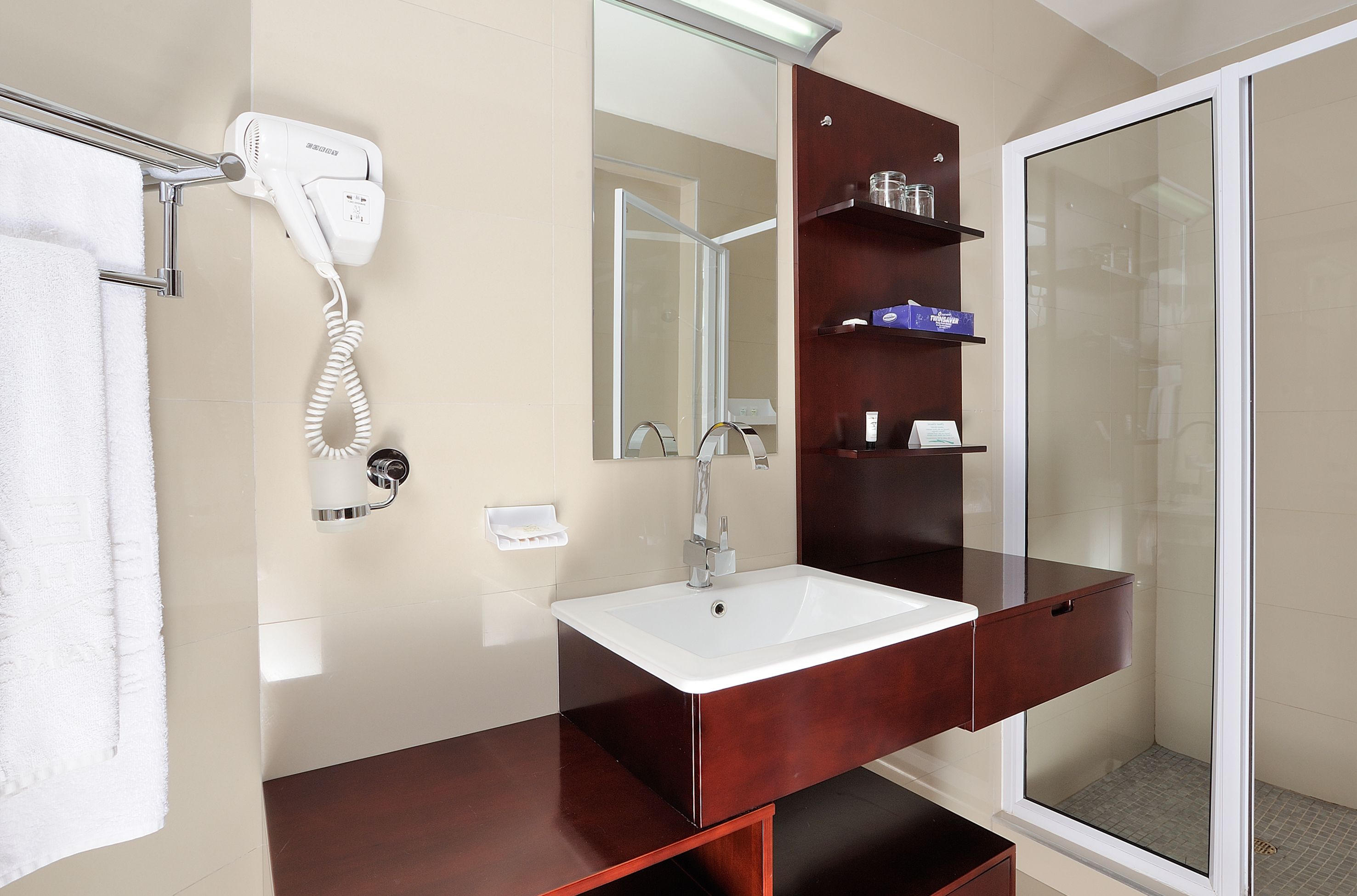 Een moderne badkamer met een witte wastafel, een haardroger bevestigd aan de muur, een douchecabine met glazen wanden en houten planken met toiletartikelen.
