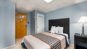 A hotel room with a bed, a nightstand, a lamp, a door, and a ceiling light.