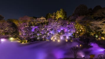 A night scene with a waterfall, illuminated trees, and traditional architecture.