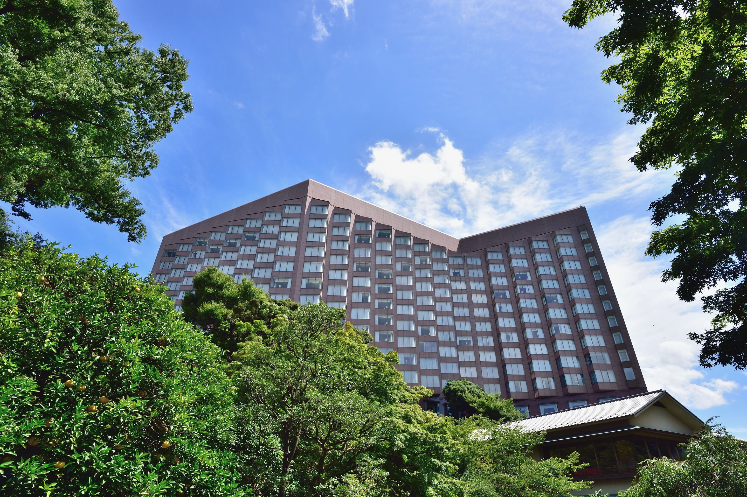 A high-rise hotel with a modern architectural design, surrounded by lush greenery.
