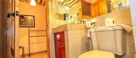A modern bathroom with a toilet, sink, and mirror.