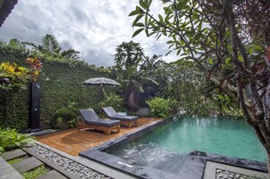 A poolside area with lounge chairs, a wooden deck, and a lush green hedge.