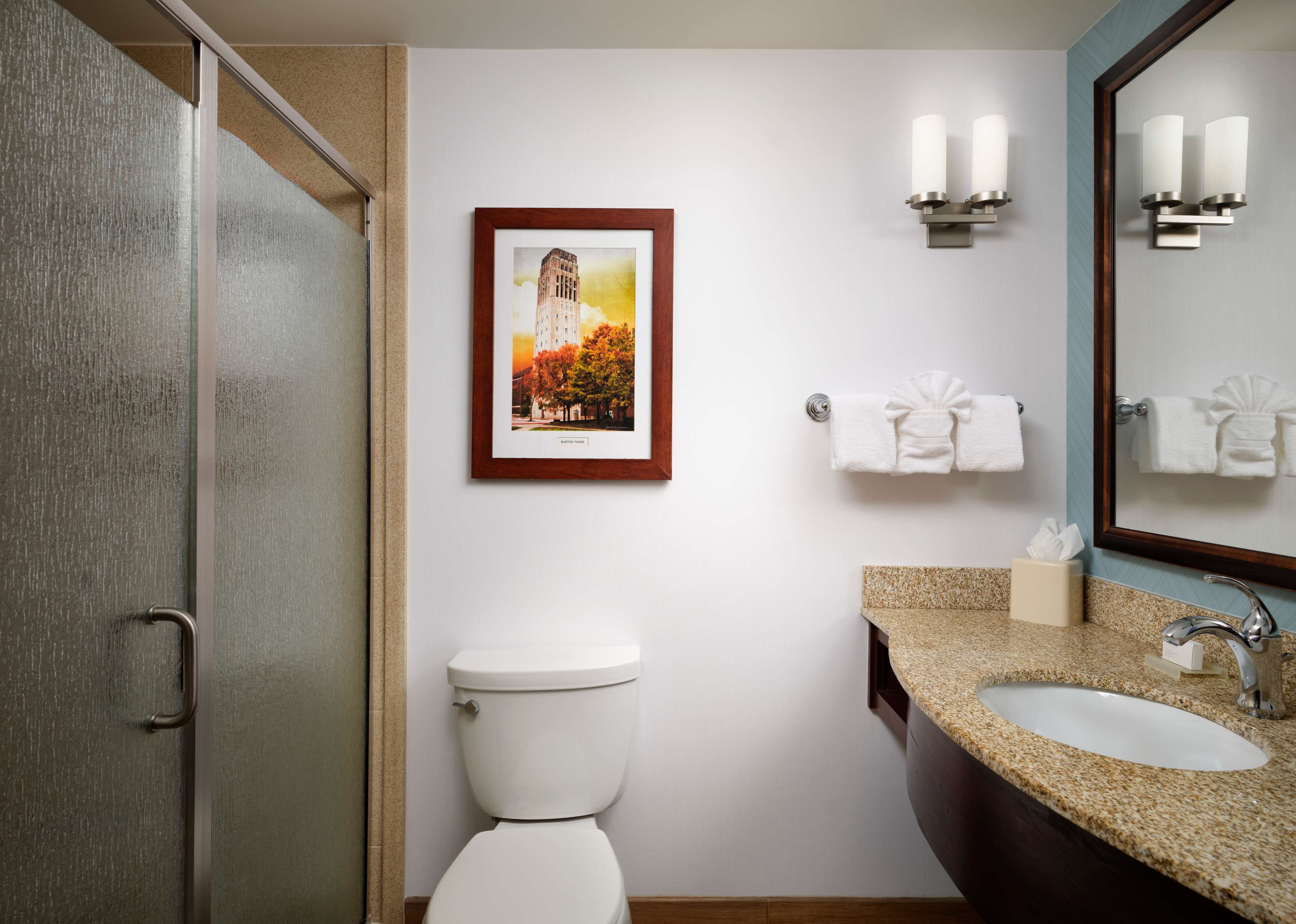 Baño con inodoro, lavamanos y ducha. Hay un cuadro en la pared y dos luces empotradas.