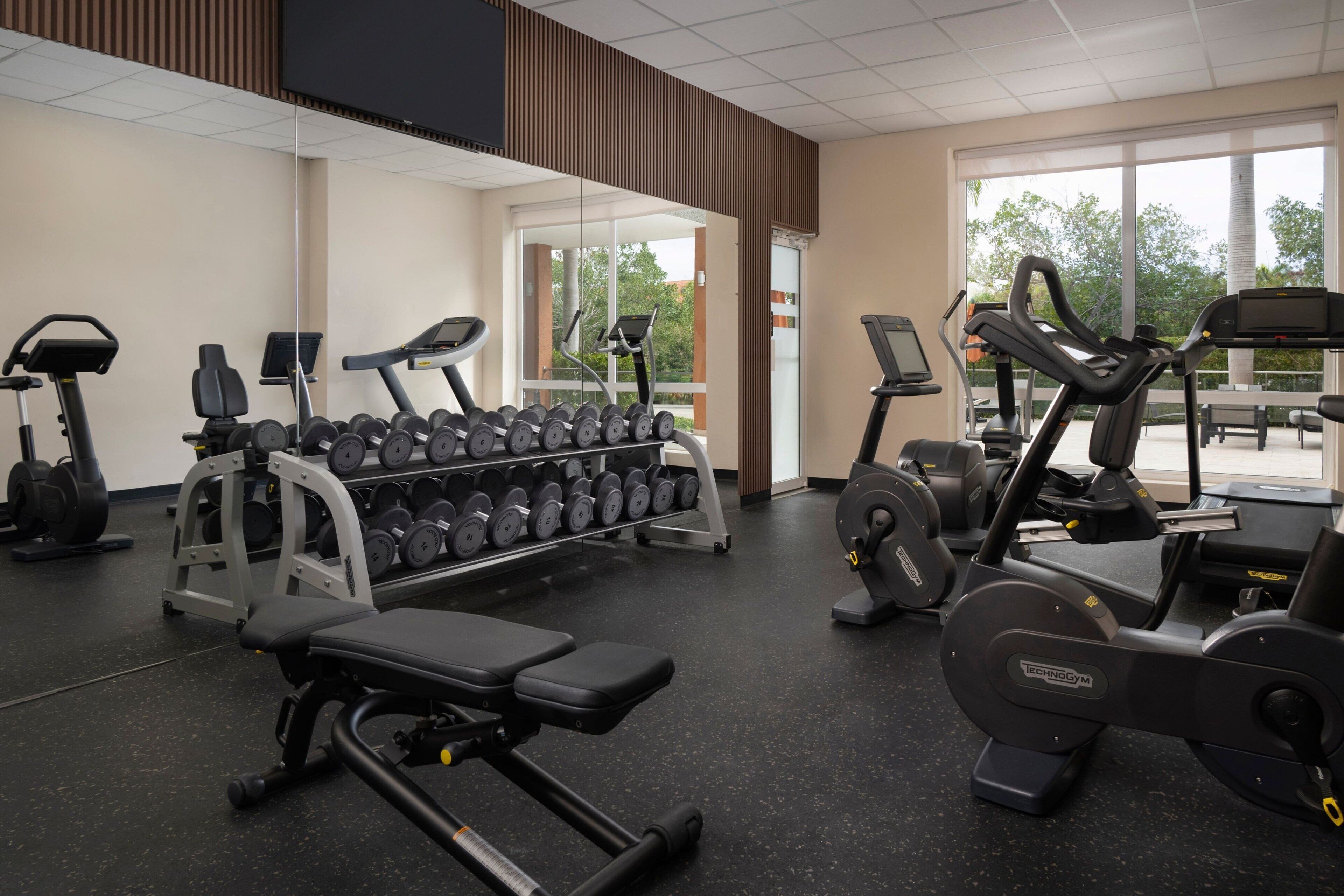 A gym with cardio machines, dumbbells, and weight benches.