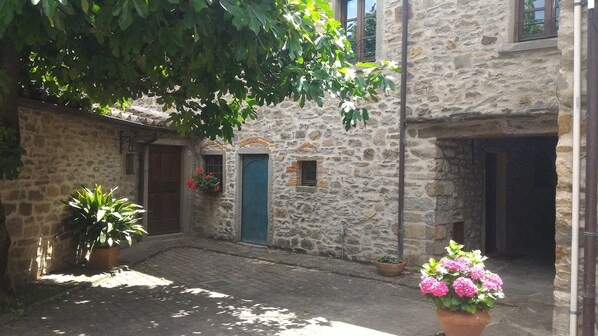 A narrow stone courtyard with a cobblestone path, a blue door, and potted plants.