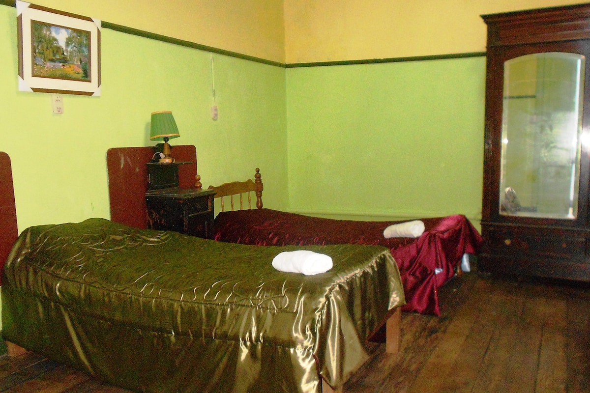 A room with two beds, a wooden wardrobe, a green wall, and a framed picture.