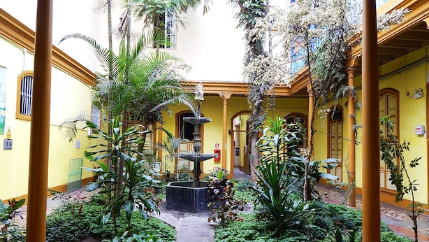 Un patio con una fuente central, rodeado de abundante follaje y paredes amarillas.