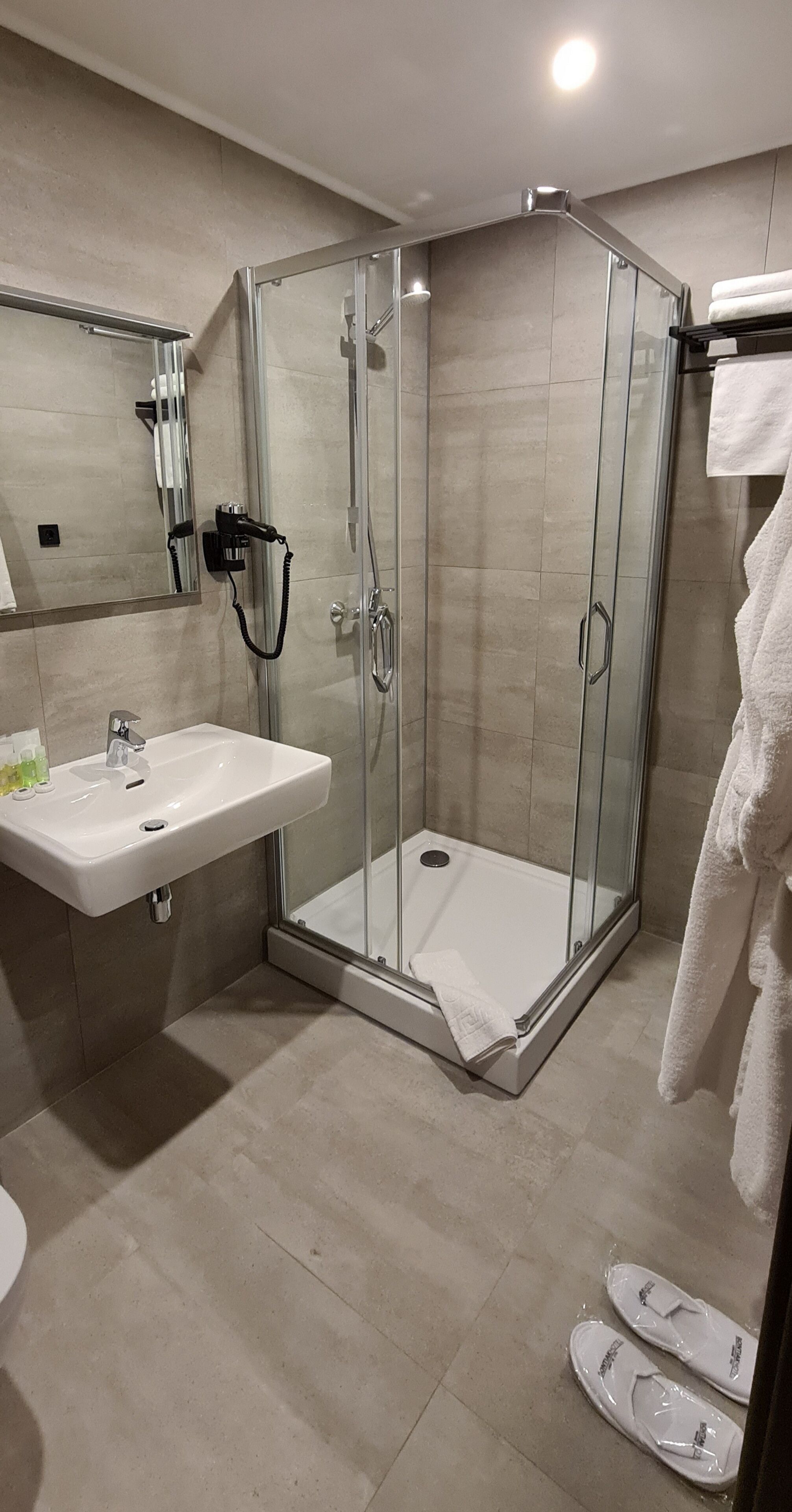 A modern bathroom with a glass-enclosed shower, a sink, and a towel rack.