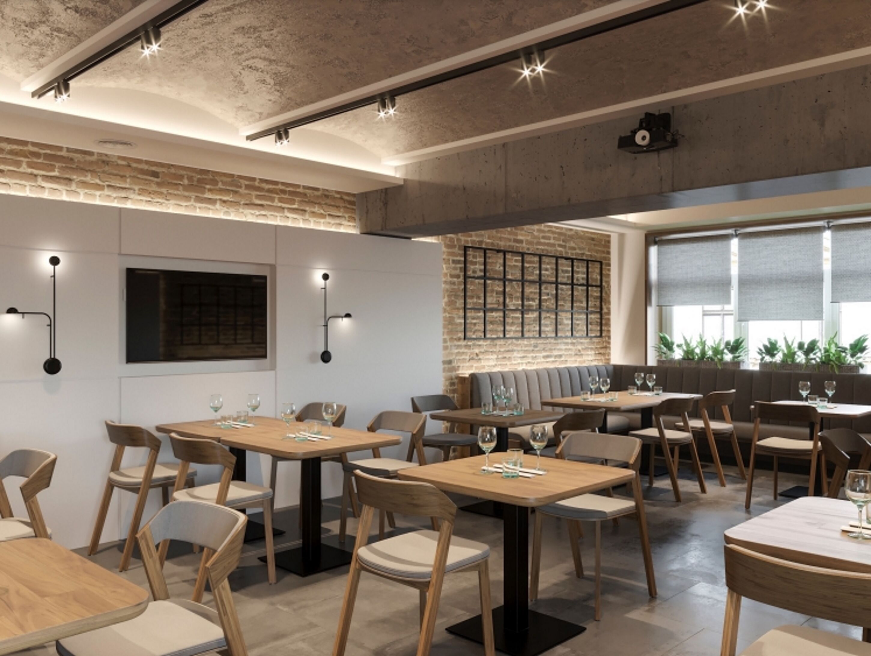 A modern restaurant interior with exposed brick walls, wooden tables and chairs, and pendant lighting.