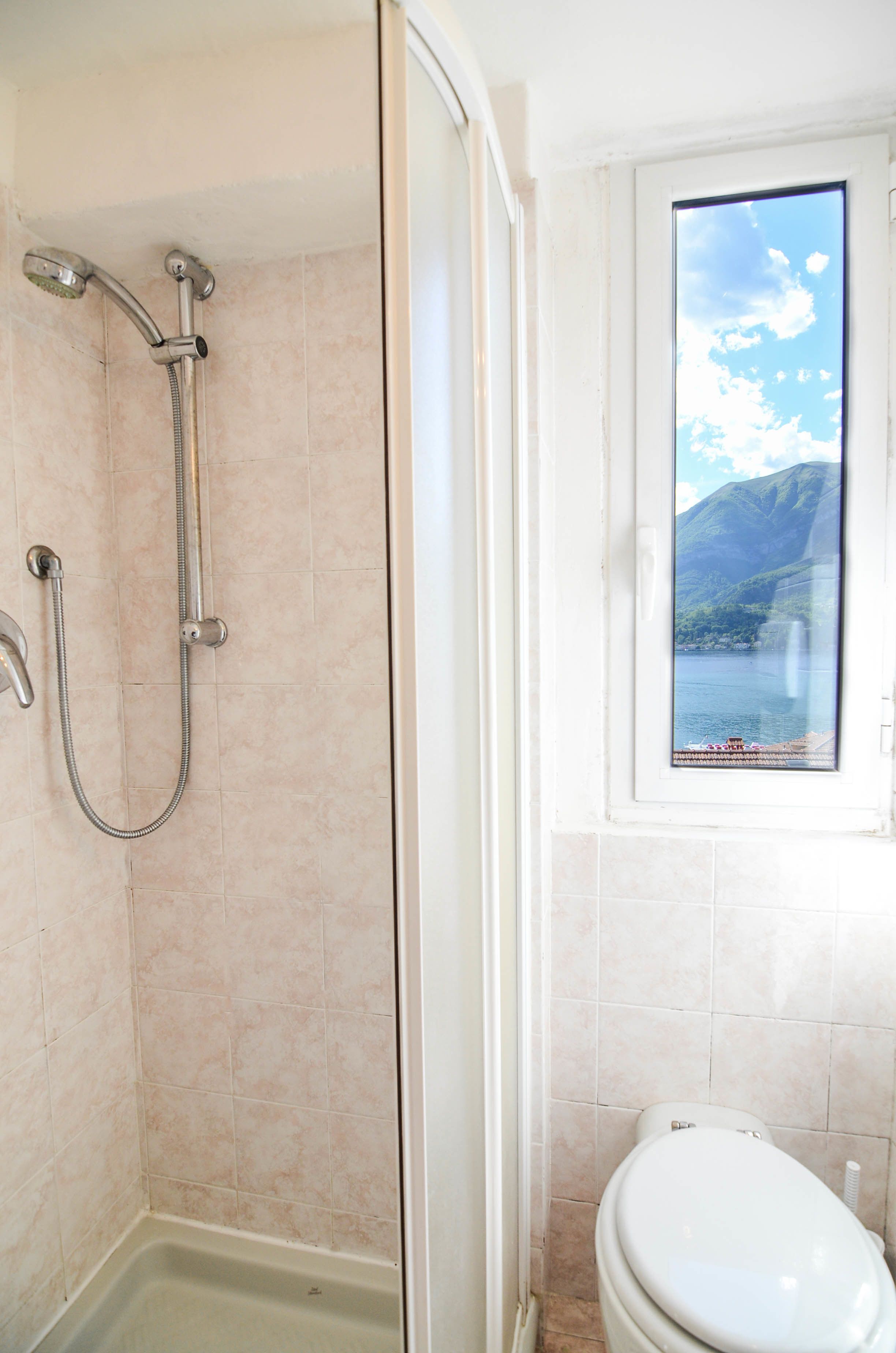A bathroom with a shower, toilet, and a window with a view of a lake and mountains.