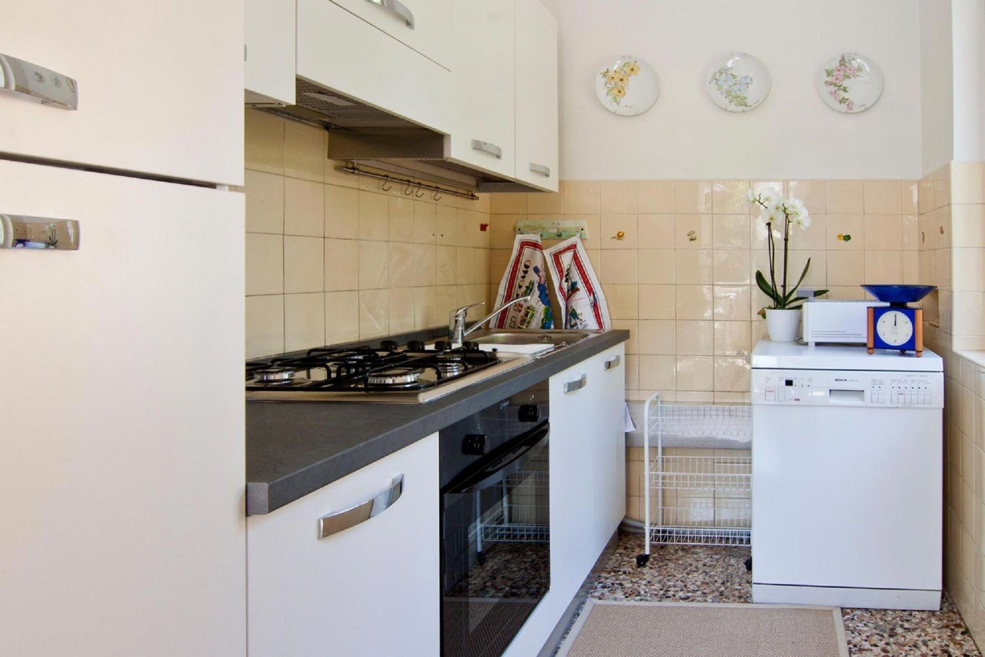 A compact kitchen with a stove, sink, and Bosch dishwasher.
