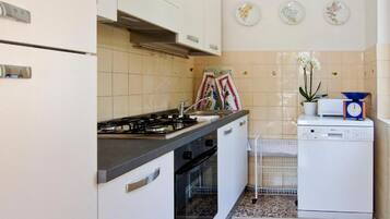 A compact kitchen with a stove, sink, and Bosch dishwasher.