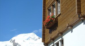 A building with a wooden facade and a window with red flowers. - Arcade Apartments (Saas-Fee)