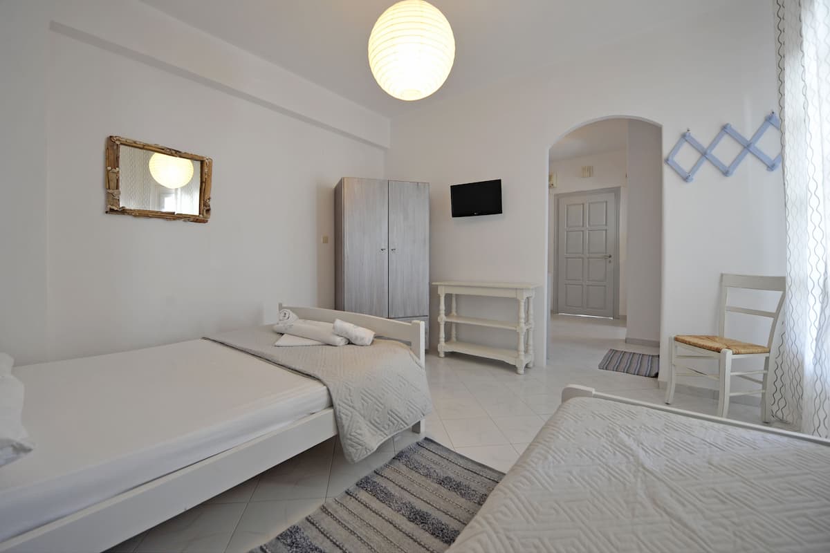 A bedroom with two beds, a wardrobe, a television, and a chair.