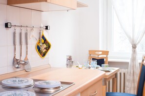 Apartment (for 2 Persons, single use) | Private kitchenette | Fridge, stovetop, coffee/tea maker, cookware/dishes/utensils