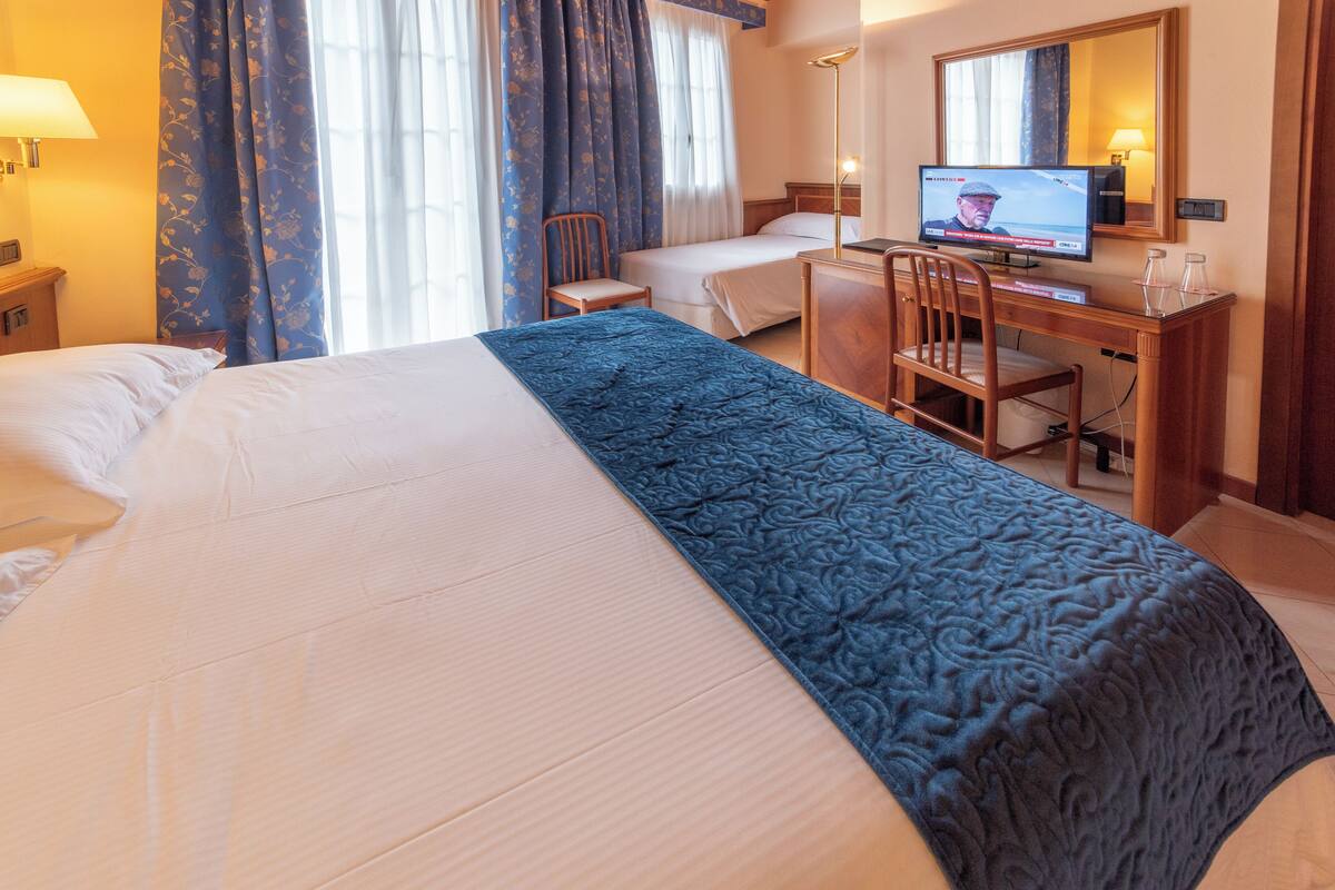 A hotel room with a bed, a desk, a chair, a television, and a mirror.