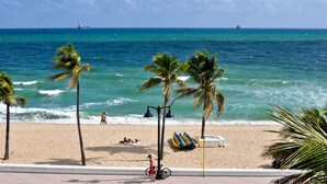 A beach with palm trees, a bicycle, and a boat in the distance. - Snooze (Fort Lauderdale)