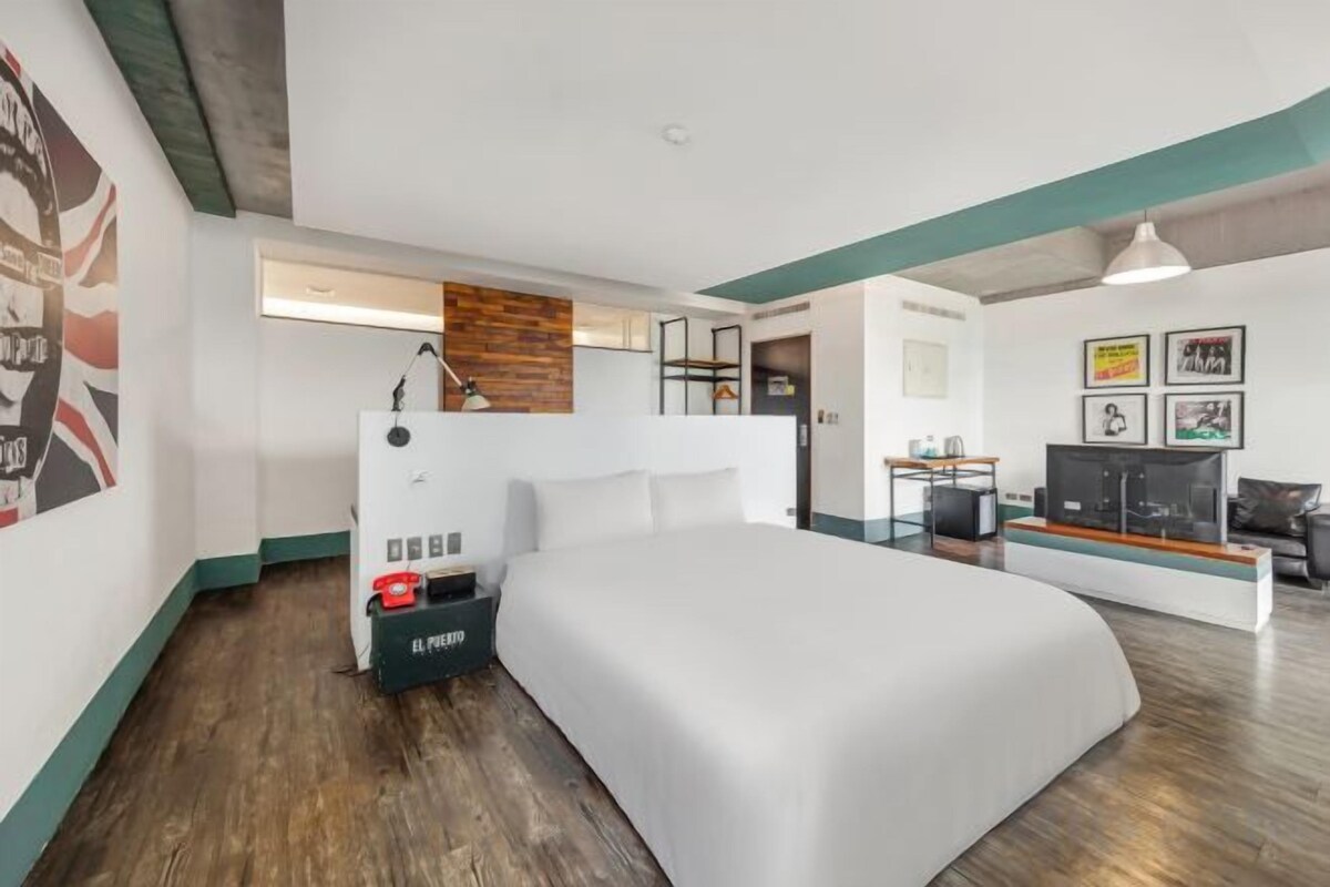 Down comforters, desk, blackout drapes, soundproofing