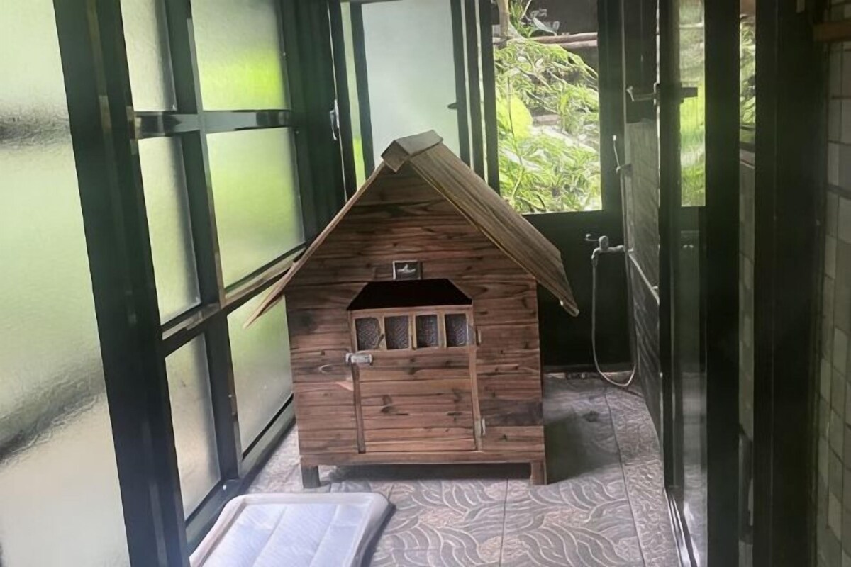 A small wooden house-like structure in a room with large windows and a patterned floor.