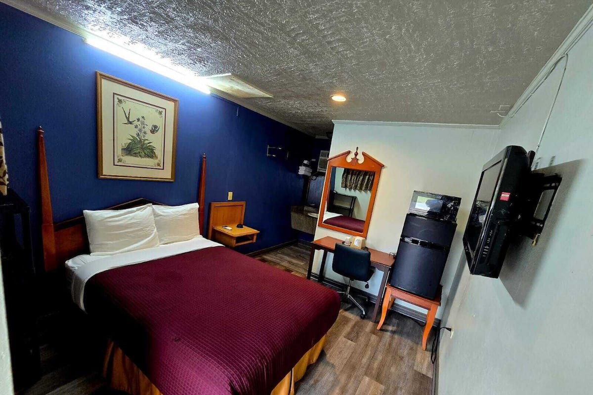 A hotel room with a bed, desk, chair, mirror, television, and a framed picture on the wall.