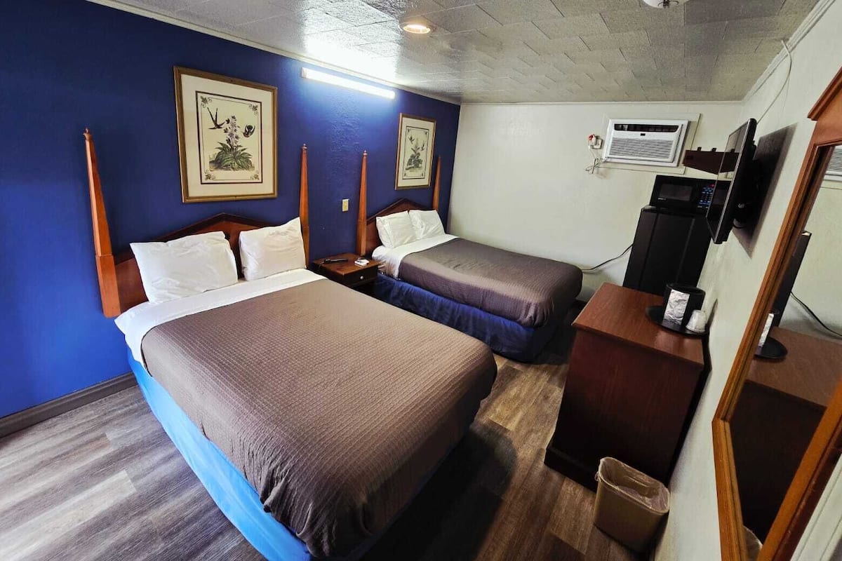 A hotel room with two beds, a desk with a computer, and framed botanical artwork on the walls.