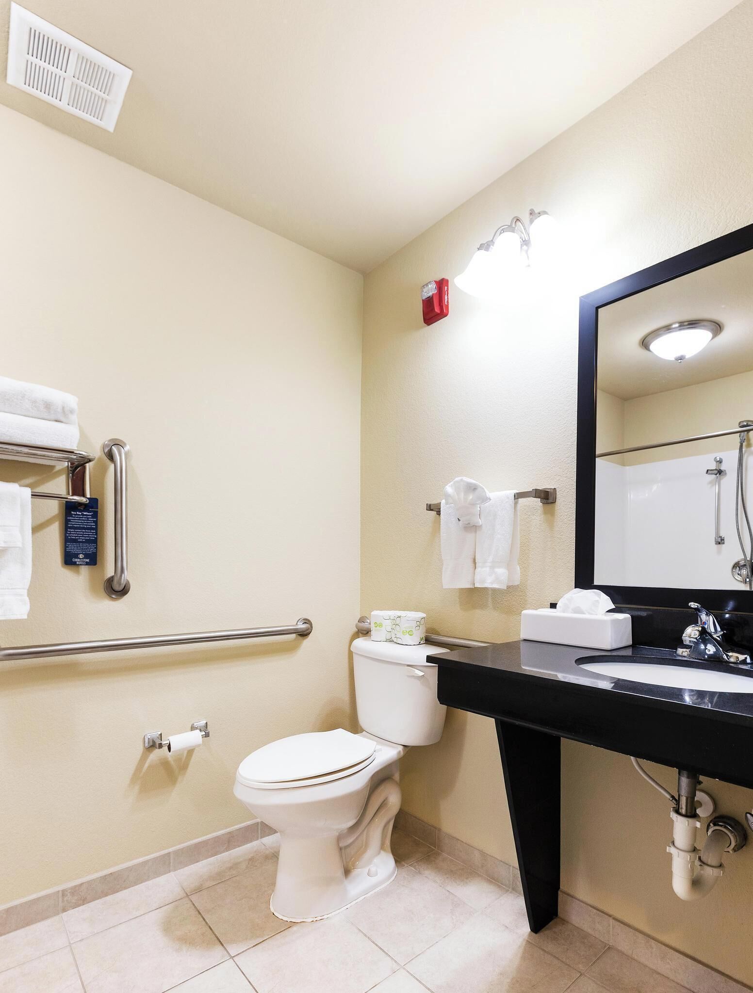 free toiletries, hair dryer, towels