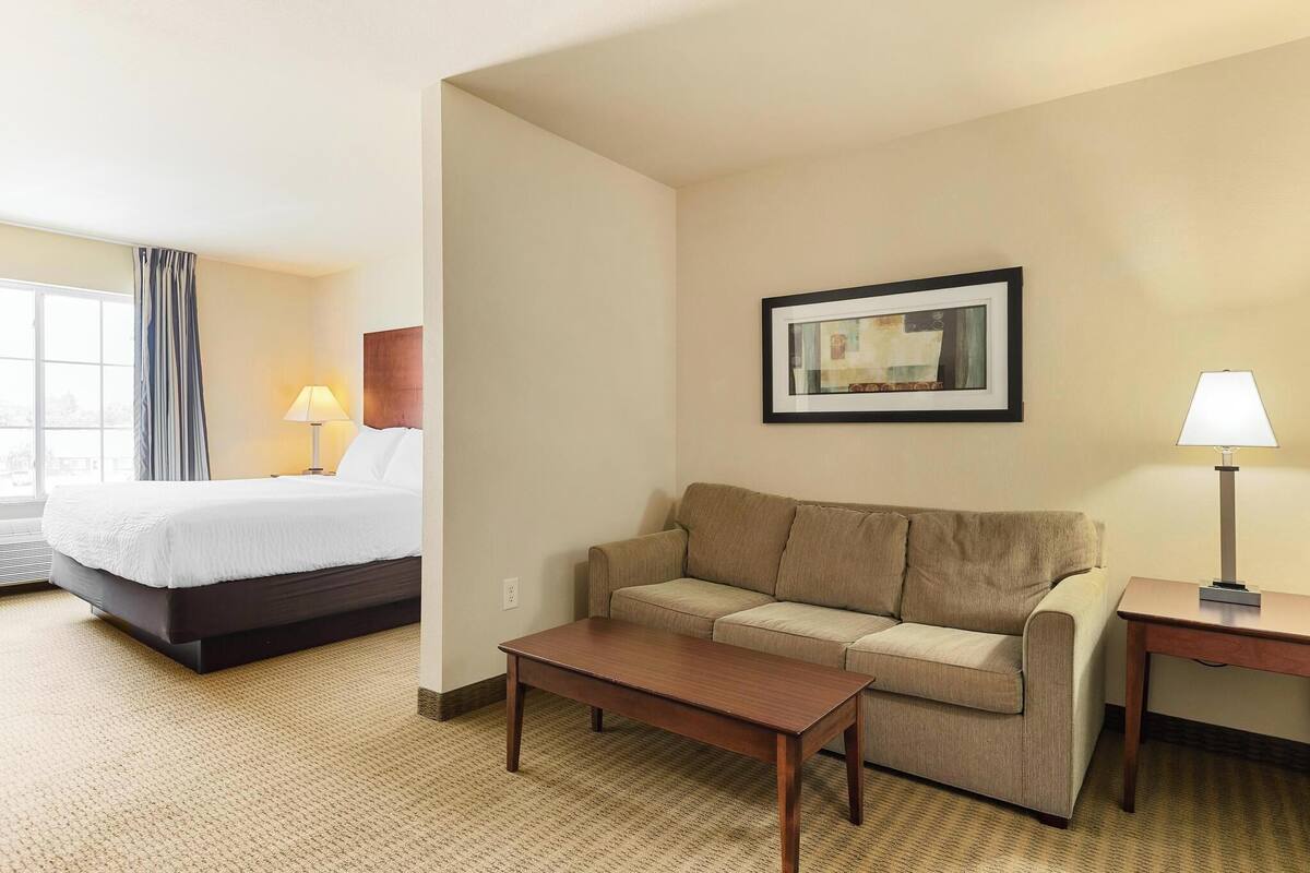 Une chambre d’hôtel avec un lit, un canapé, une petite table, une lampe et un tableau encadré au mur.