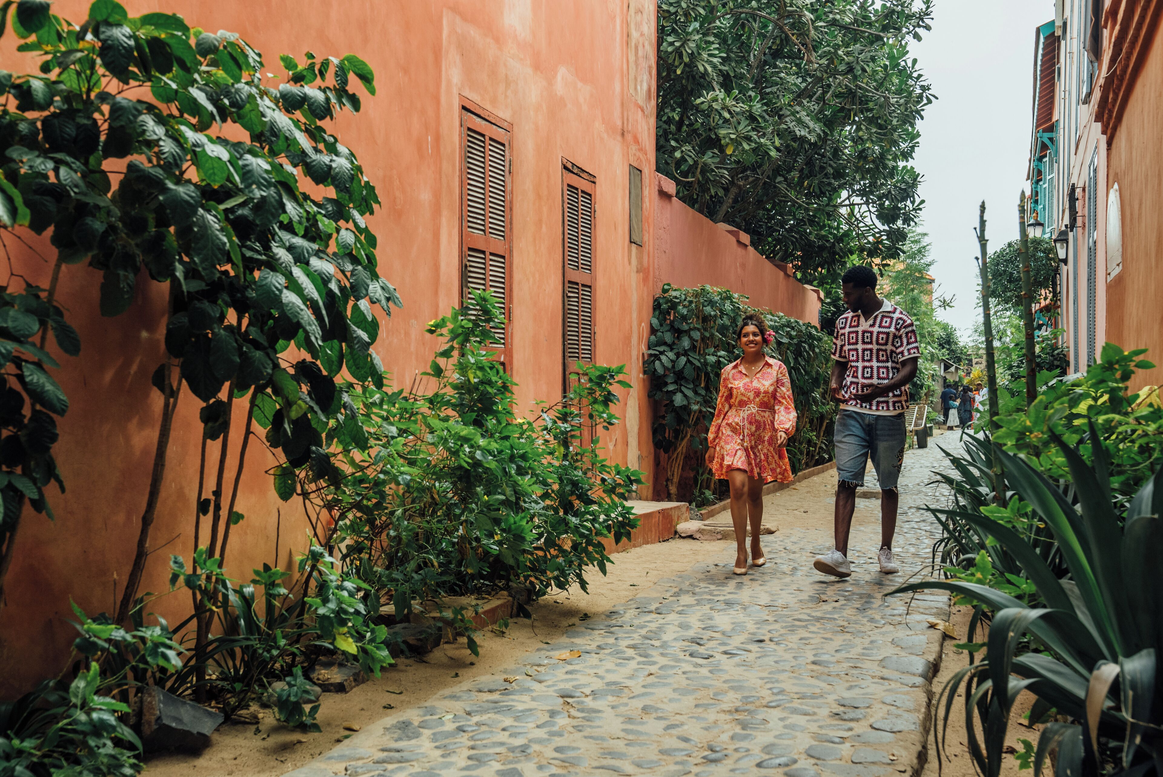 A narrow cobblestone street flanked by buildings with shutters and lush greenery.