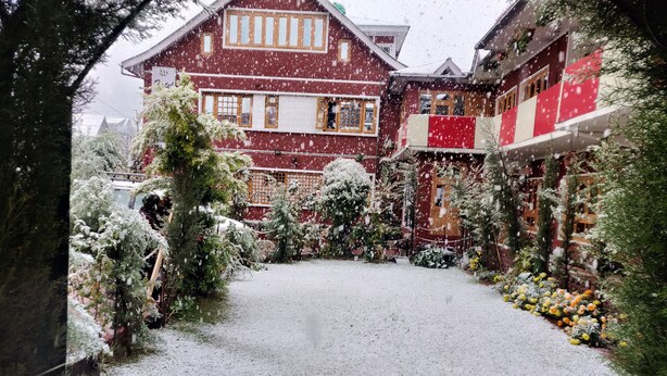 Un patio cubierto de nieve con un edificio rojo, rodeado de árboles y flores cargadas de nieve.
