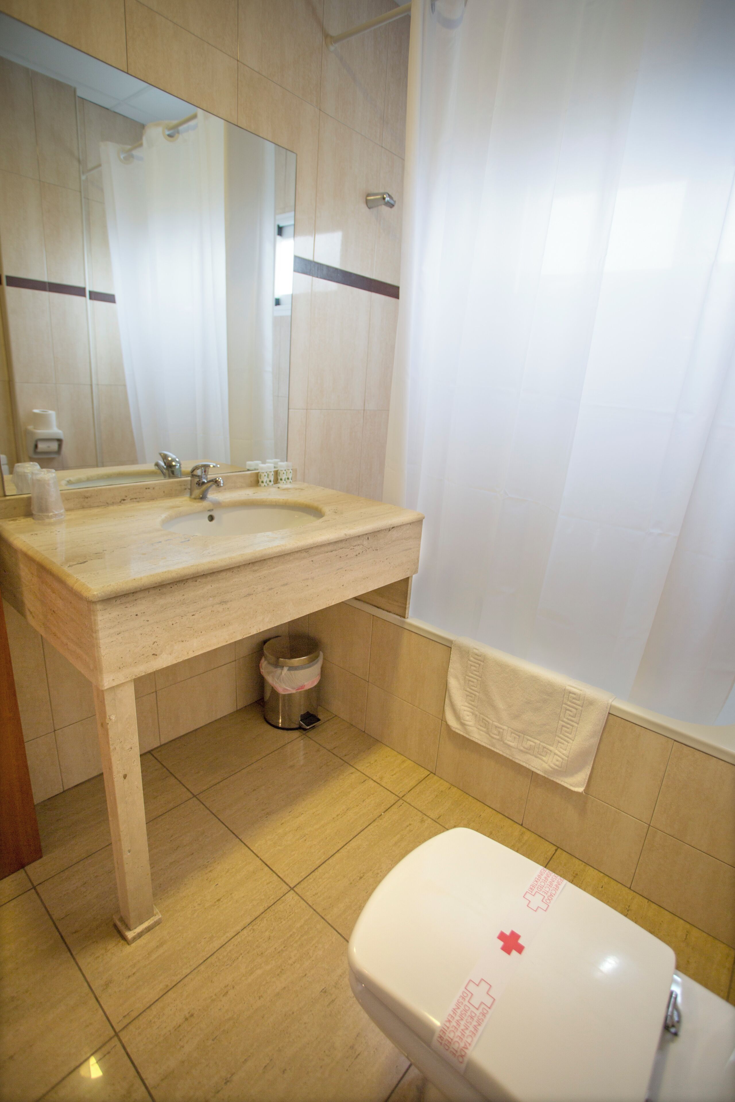 A bathroom with a sink, mirror, toilet, and shower curtain.