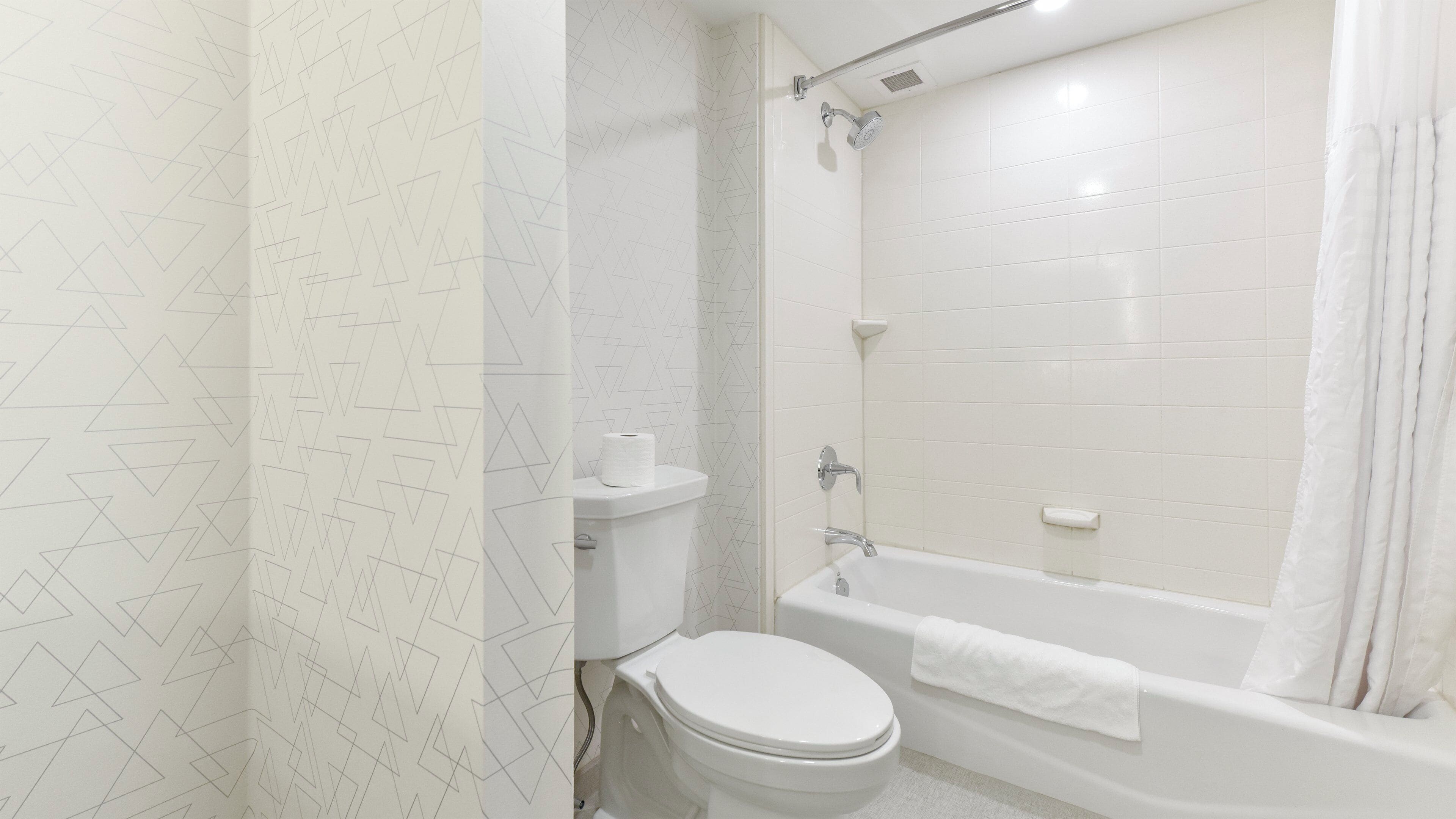 A modern bathroom with a toilet, a shower, and a bathtub.