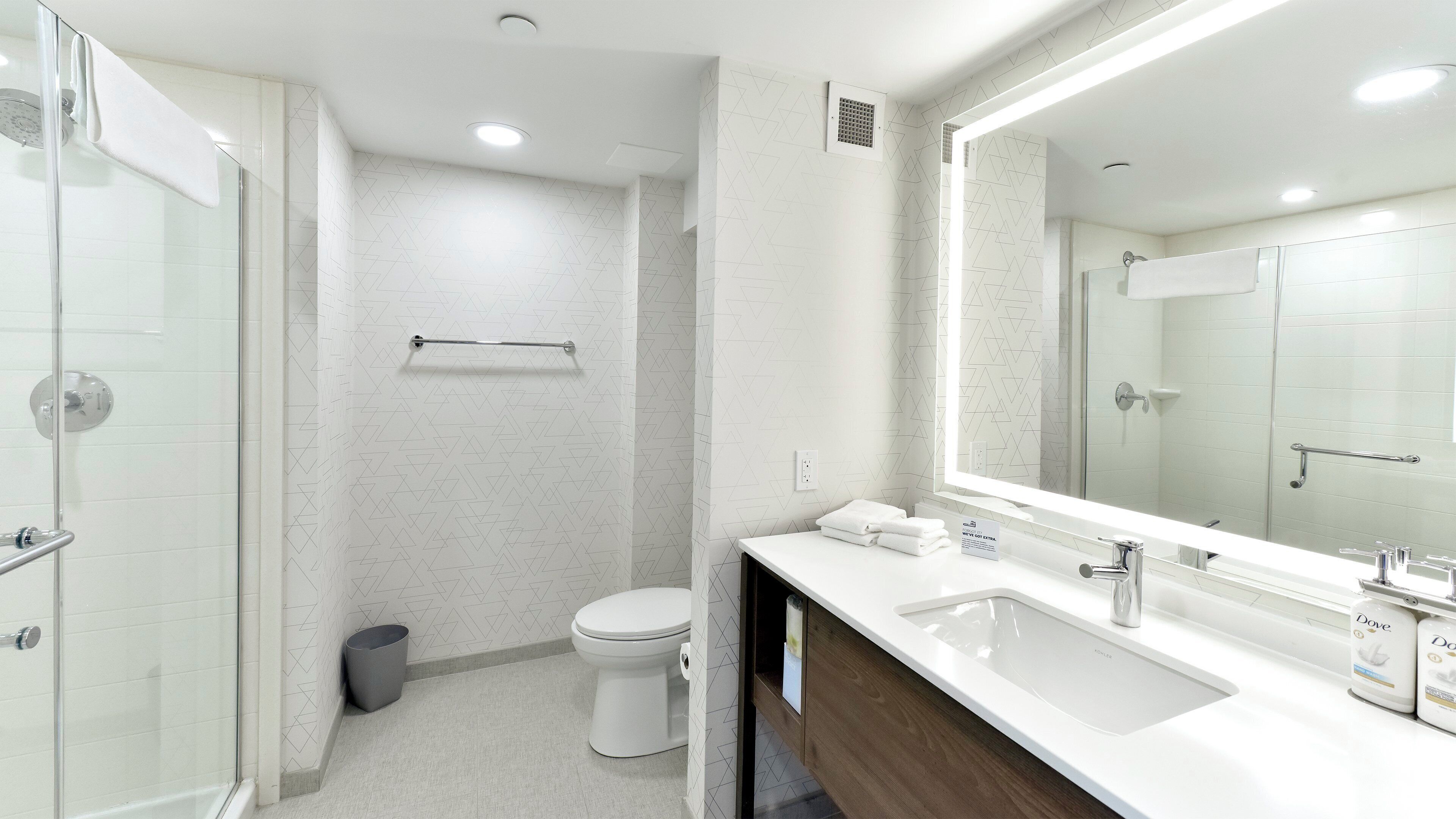 A modern bathroom with a glass shower enclosure, a toilet, and a large mirror above the sink.