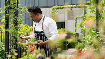 A person in a white chef's coat and striped apron holding a tray with plants.
