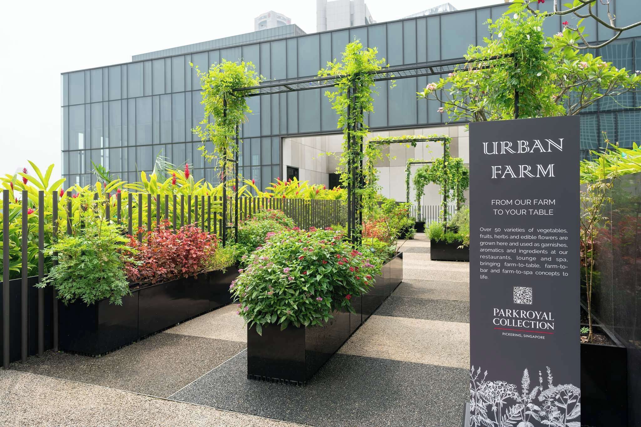 An urban farm with a sign indicating it is part of the Parkroyal Collection in Singapore.