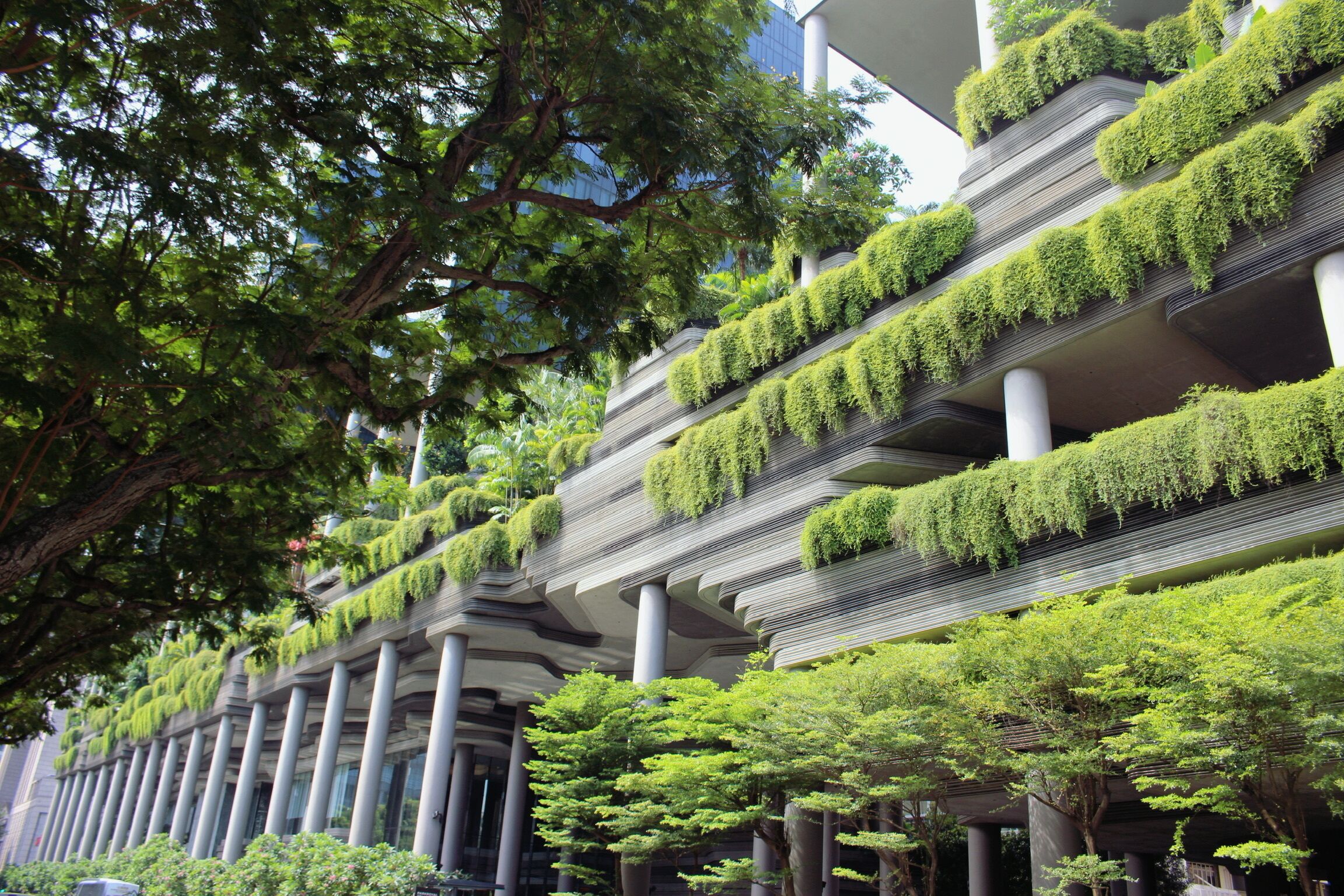 Un edificio moderno con varios pisos, cada uno con un balcón cubierto de vegetación.