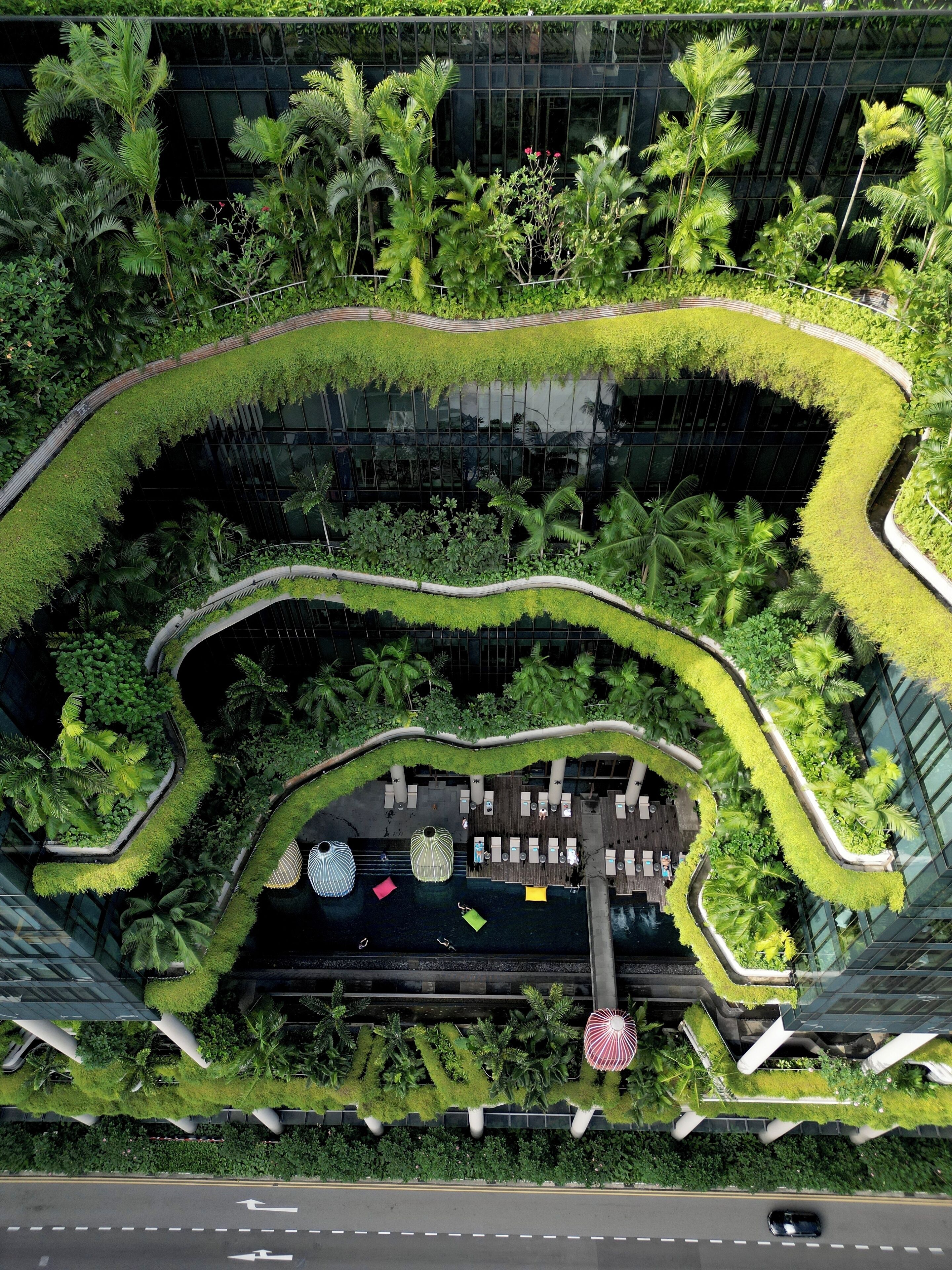 Un bâtiment moderne doté d’un jardin sur le toit, de chemins sinueux et d’espaces de détente en plein air.