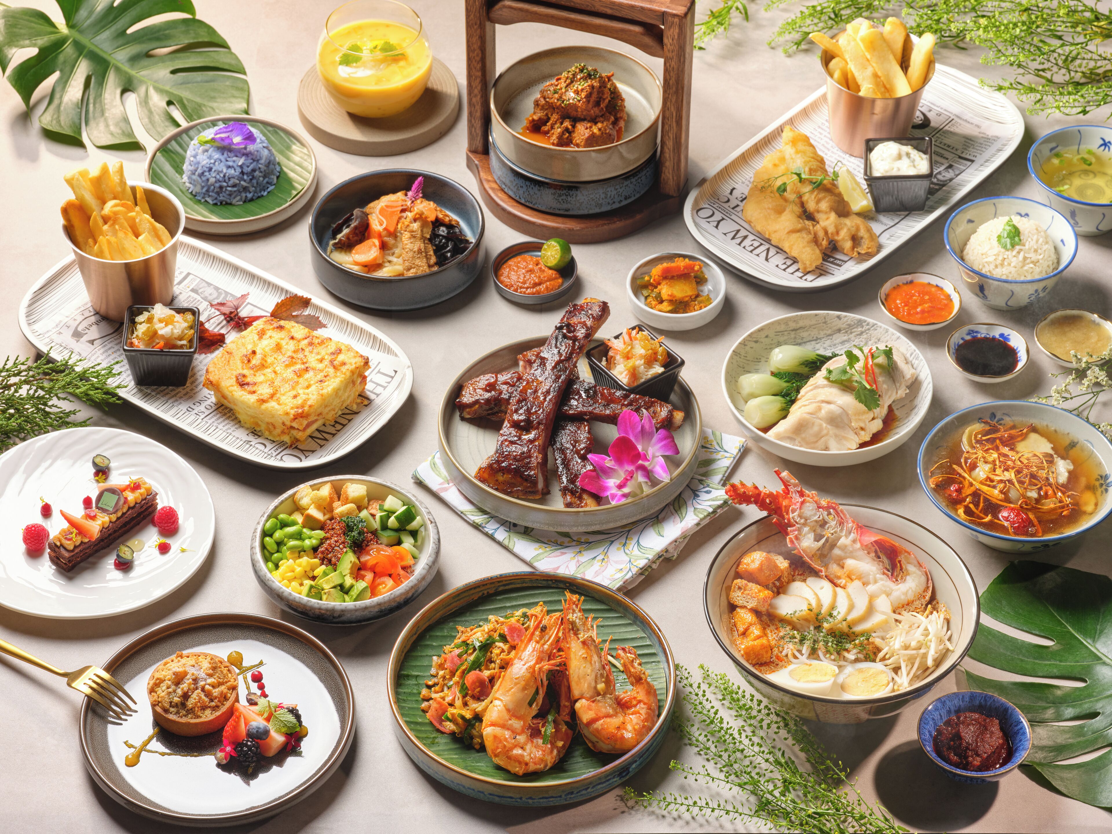 A variety of dishes including seafood, rice, and vegetables, suggesting a diverse meal selection.