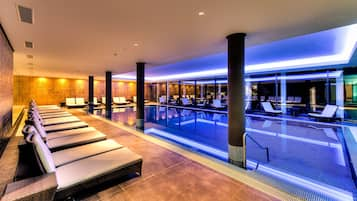 Indoor pool, outdoor pool, pool loungers