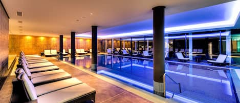 Indoor pool, outdoor pool, sun loungers