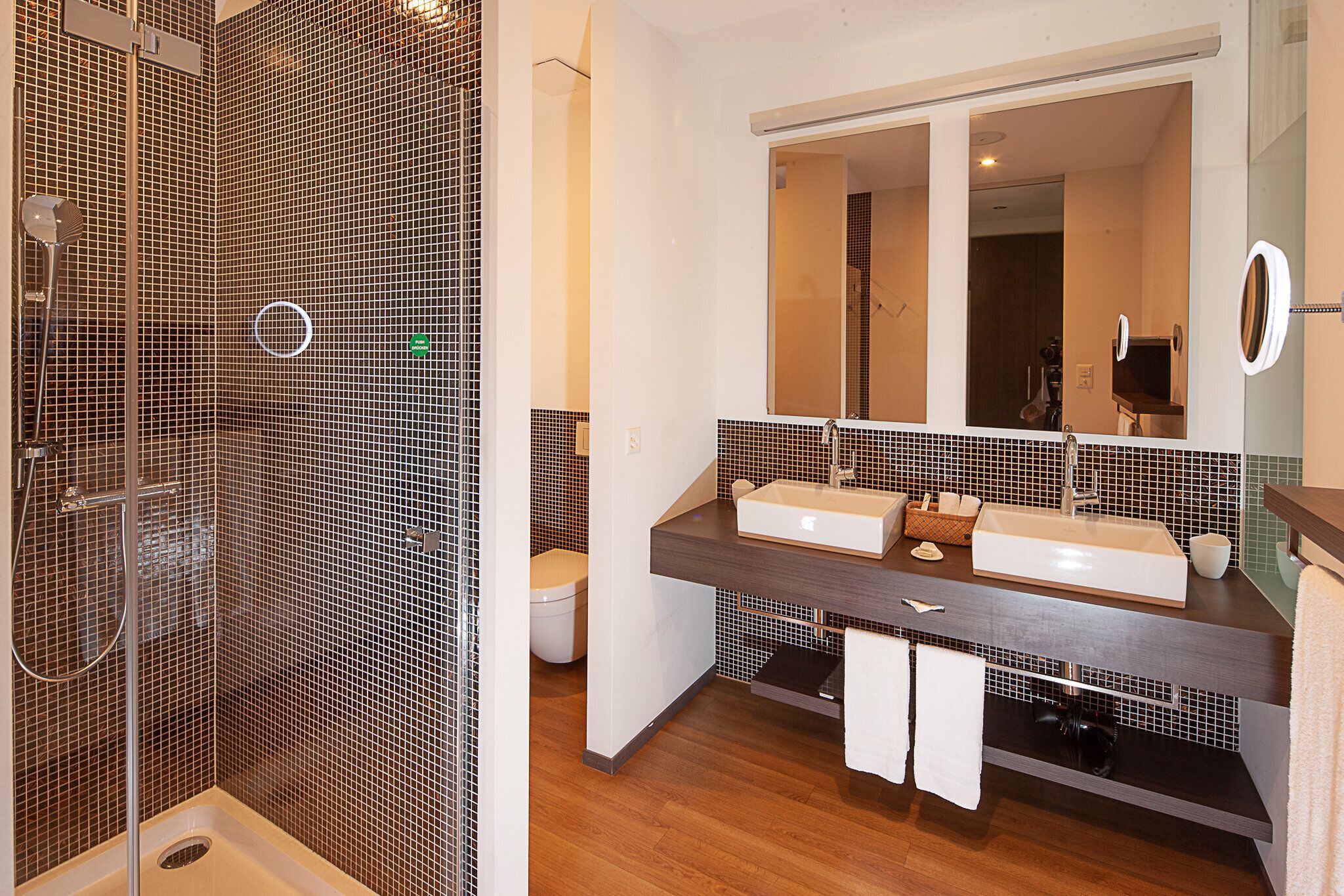 A modern bathroom with a shower, two sinks, a mirror, and a toilet.