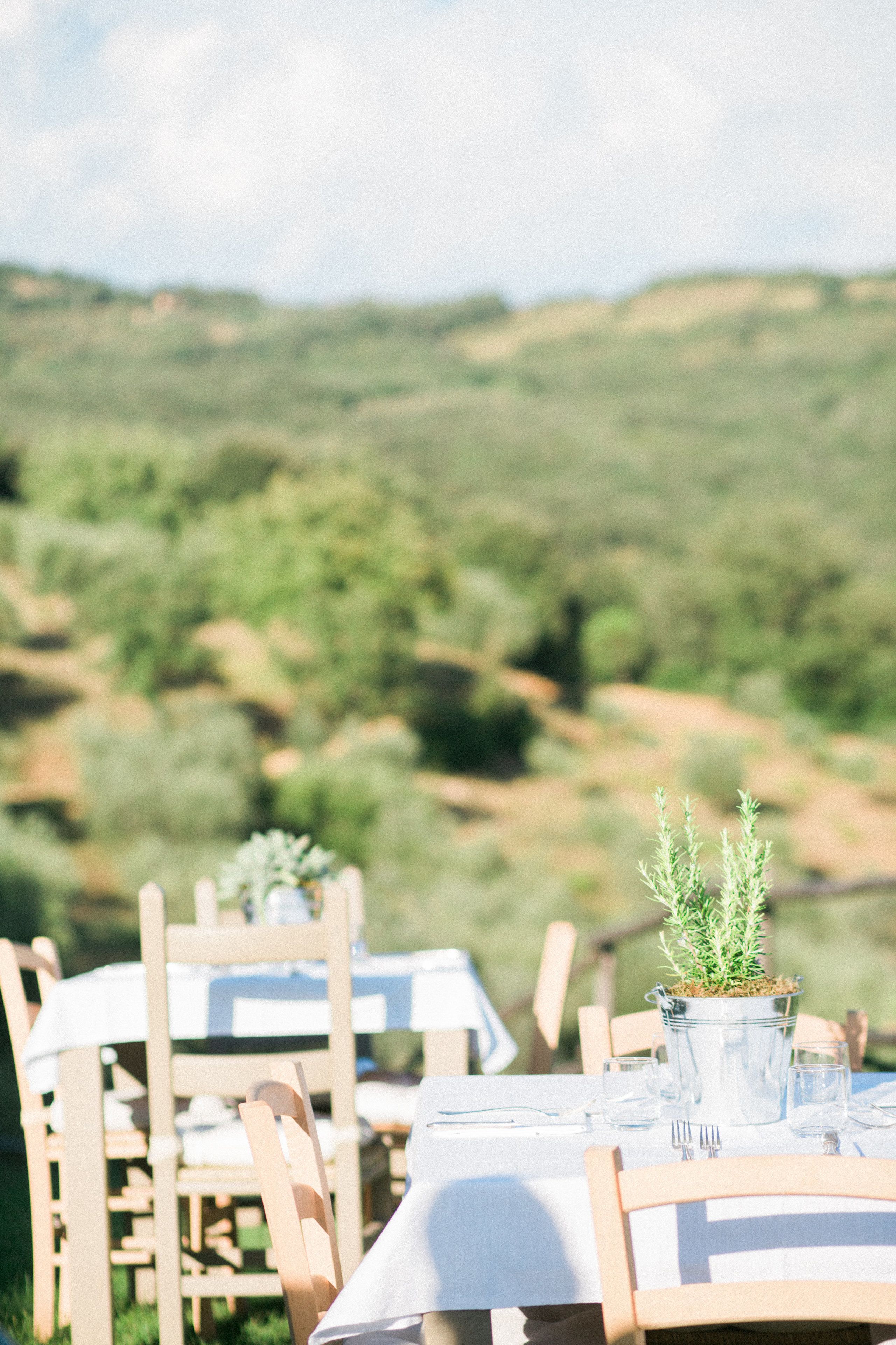An outdoor dining area with tables set for two, surrounded by chairs, and a potted plant on the table.