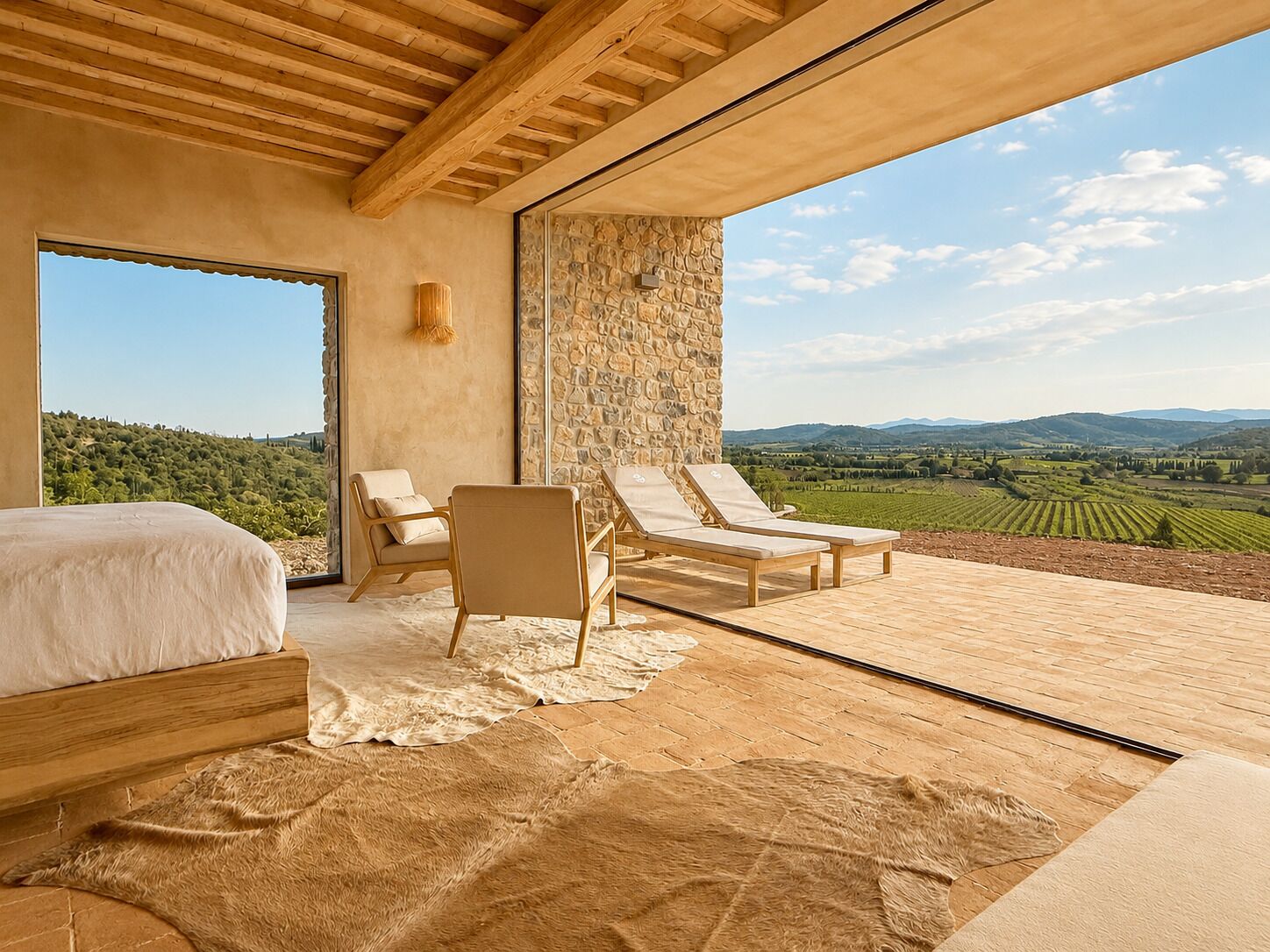 A bedroom with a large bed, a stone wall, and a view of vineyards.