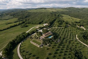 A large estate with a swimming pool, multiple buildings, and expansive green fields.