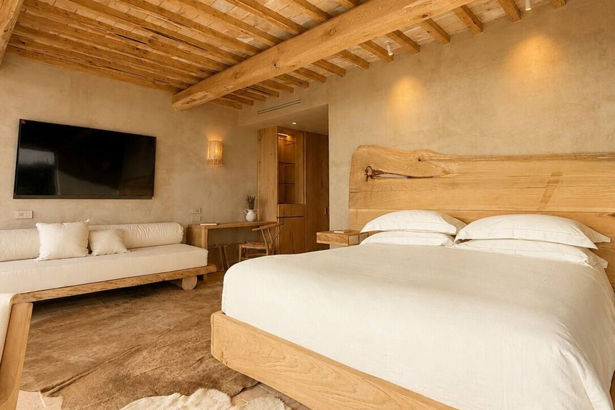 Un dormitorio con techo de madera, una cama, un sofá, un televisor y un escritorio.