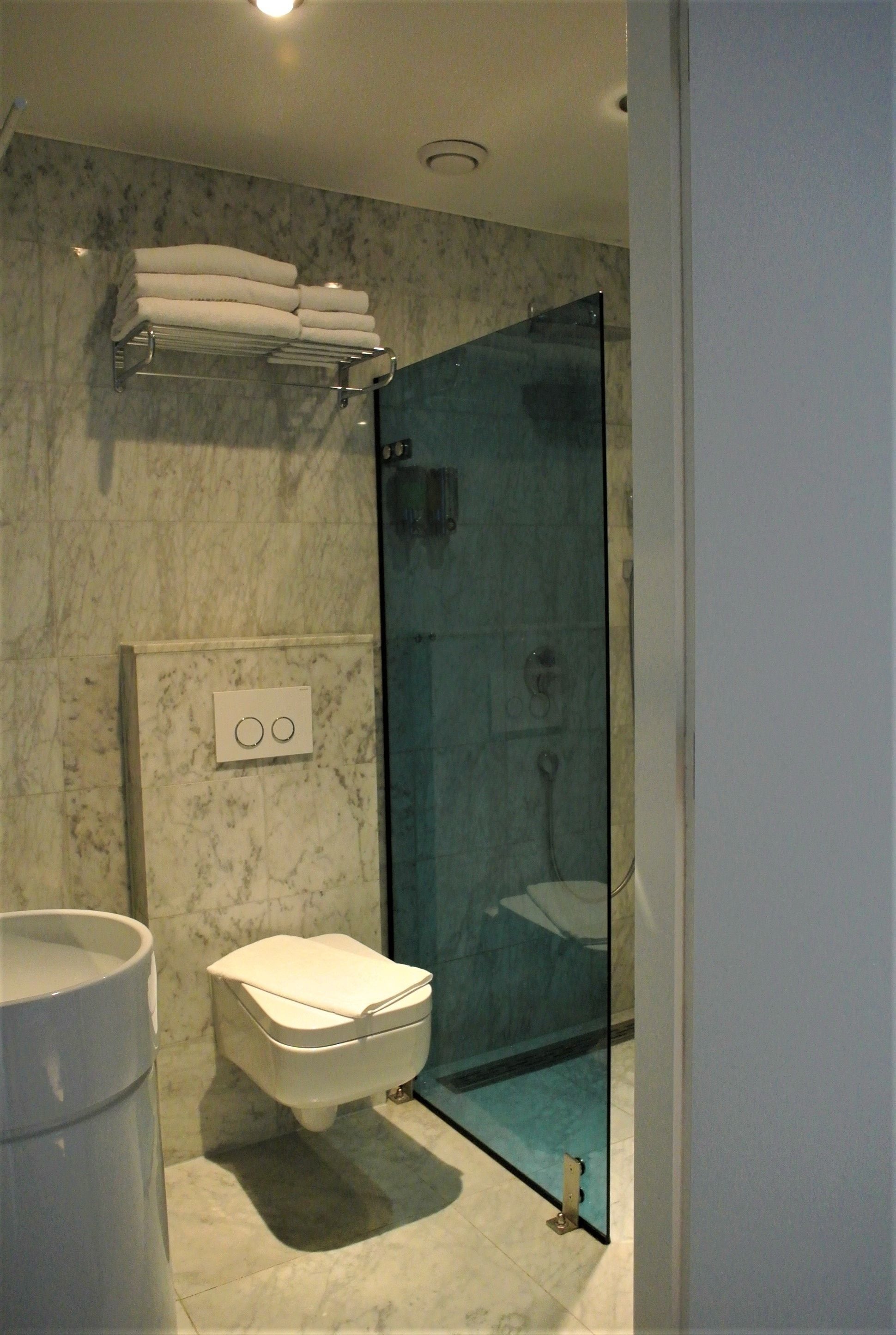Een badkamer met een douchecabine, een toilet en een handdoekhouder.
