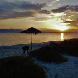 En la playa, arena blanca, camas de playa gratis, sombrillas
