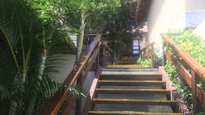A staircase with wooden railings and steps, surrounded by lush green foliage.