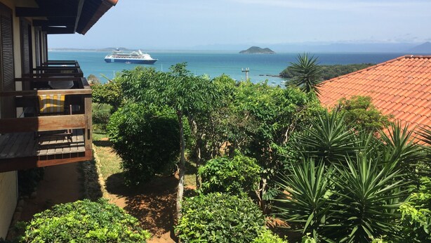 A coastal view with a cruise ship in the distance, lush greenery, and a building with a tiled roof.